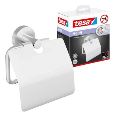 Immagine di tesa MOON Portarotolo WC con Coperchio Porta Carta Igienica Adesivo in Metallo Cromato Lucido senza Perforazione, per Bagni Colla Rimovibile inclusa, 53 mm x 140 128