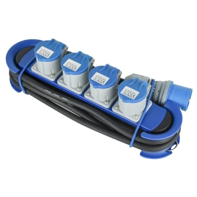 Immagine di Electraline 62582 Multipresa Camping Outdoor con Spina CEE, 4 Prese CEE 16A (2P+T) tappo IP44, appendibile 2 Ganci + Elastici Fermacavo, Cavo 3M H07RN F 3G2.5, Campeggio, Caravan