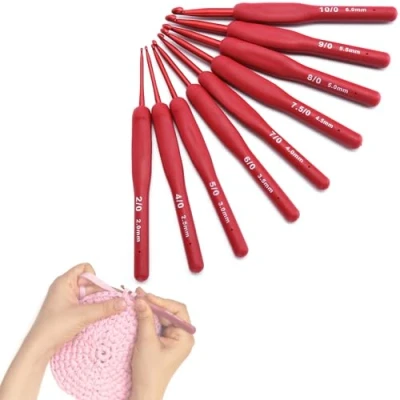 Immagine di Gancio all&#039;uncinetto, Set di 9 pezzi Filo da cucire Ergonomico Uncinetto Pullover Red Handle Craft Accessori Articoli per Maglieria Strumenti Lavorazione a Maglia Forniture TRicotage e