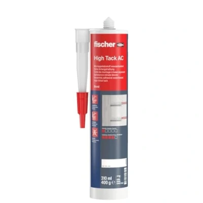 Immagine di fischer High Tack AC adesivo di montaggio inodore, per interni, acrilico incollare componenti e compensare irregolarità, 310 ml, bianco