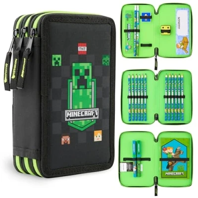 Immagine di MINECRAFT Astuccio Matite per Bambini con Scomparti Multipli, Include Accessori Scuola (AOP Nero)