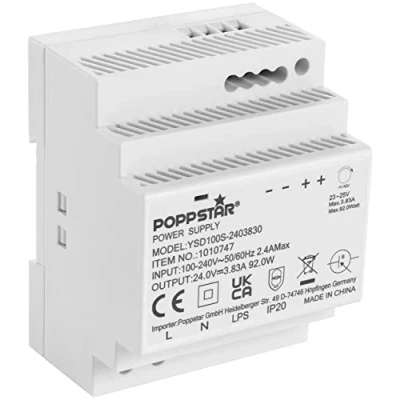 Immagine di Poppstar alimentatore switching 220 24V per barra DIN 92W (ingresso 100 240 V AC 50/60 Hz, uscita 24 DC 3,83 A 92 W) rail