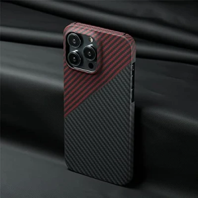 Immagine di Custodia ultra sottile per Apple iPhone 14 Pro Max, rara copertura paraurti in fibra di carbonio aramidica (rosso nero)
