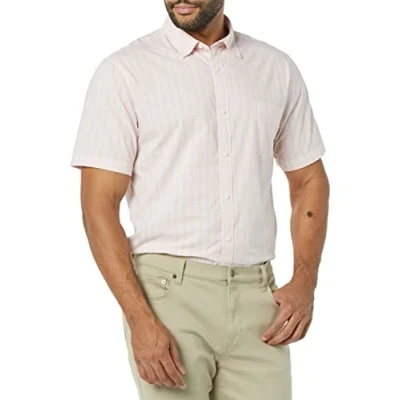 Immagine di Amazon Essentials Camicia in Popeline a Maniche Corte Slim Uomo, Beige Rosa Righe Doppie, XS