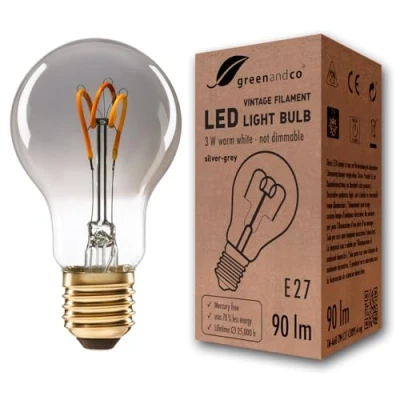 Immagine di greenandco Lampadina a filamento LED Vintage grigio argento E27 A60 3W 90lm 1800K (bianco caldo) 360 230V AC Vetro, nessun sfarfallio, non dimmerabile