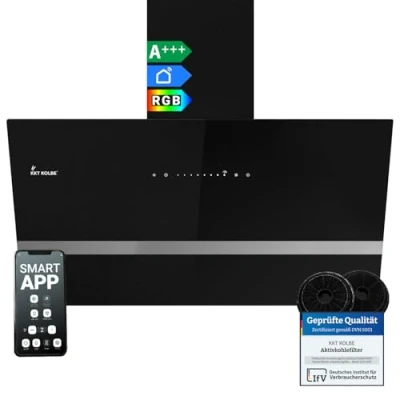 Immagine di Cappa aspirante 90 cm/Cappa Cucina Inclinata/acciaio inossidabile/vetro nero/WiFi/auto spegnimento/Illuminazione LED RGBW/Operazione di tocco / EASY9005SM