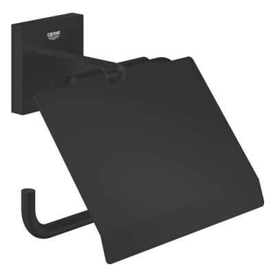 Immagine di Portarotolo carta igienica GROHE Start Cube QuickFix con coperchio (metallo, montaggio a parete, fissaggio nascosto, viti e tasselli inclusi), 111 mm, QuickGlue, nero opaco, 411022430