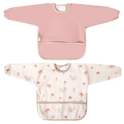 Immagine di MIMUSELINA Confezione da 2 bavaglini impermeabili con maniche Bavaglino chiusura in velcro regolabile, polsini elastici e tasca frontale Made Italy, rosa, Taglia