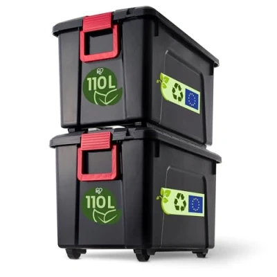 Immagine di Iris Ohyama, Scatole, Organizzatore di stoccaggio in plastica, Set 2, 110 L, con ruote, Multifunzionale, Robusto, Maniglie comode, Garage, Giardino, Capannone Store it All Box SIA Nero