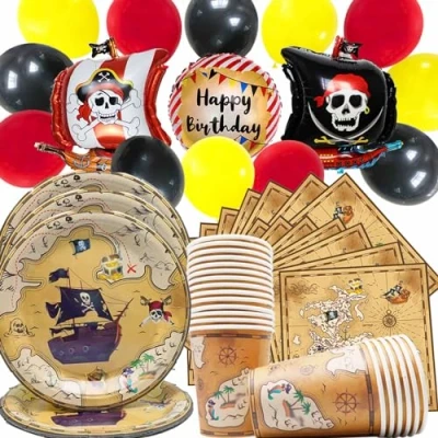 Immagine di Doyomtoy 75 Pezzi Set Stoviglie Festa Pirata, Palloncini Pirata,Set Decorazioni Compleanno Pirata,Piatti,Tovaglioli,Bicchieri di Carta, Palloncini,per Feste Bambini