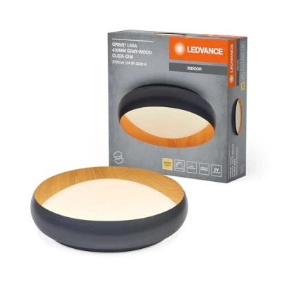 Immagine di LEDVANCE LED ORBIS Livia con anello in metallo, decoro grigio/legno, 24W, 1200lm, 3000K, 430mm, 830 bianco caldo amichevole, dimmerabile 3 livelli un clic, IP20, viti/tasselli inclusi