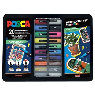 Immagine di Uni Ball 186832 Set di Pennarelli POSCA, 20 Penne Acriliche in Astuccio, Pop Colours, Punta PWE5M 1.8, 2.5 mm