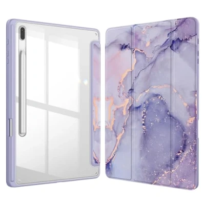Immagine di FINTIE Custodia per Samsung Galaxy Tab S8 Plus 2022/S7 FE 2021/S7 2020 12.4 Pollici con S Pen Holder, Antiurto Sottile Case Posteriore Trasparente Cover Auto Sonno/Sveglia, Lilla Marble