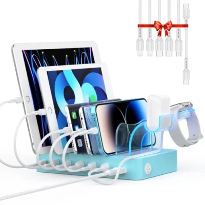 Immagine di SooPii 60W Stazione di ricarica a 6 porte, Caricatore USB rapida C PD da 20W per lPhone 14/13/12, supporto 2 in 1, cavi corti inclusi telefoni, tablet e altri