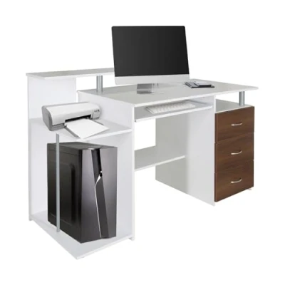 Immagine di HJH Office 830061 Scrivania WORKSPACE H IV Bianco/Noce con cassetti e cassetto per tastiera, 89 x 137 60 cm