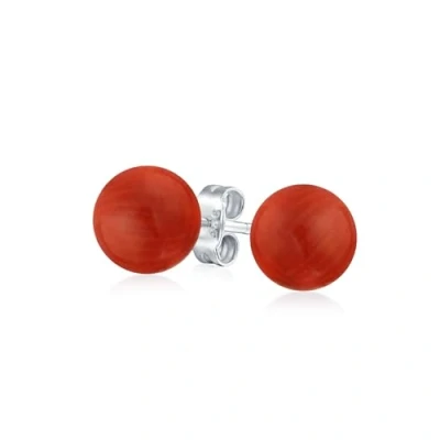 Immagine di Semplici Orecchini A Perno Rotondi Con Sfera Di Corniola Rossa Tinta Naturale Per Donne In Argento Sterling .925 8MM