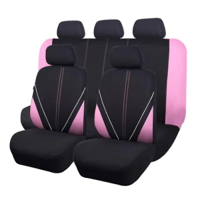 Immagine di Flying Banner Set completo di coprisedili universali in tessuto a rete traspirante, compatibili con airbag, colore: nero e rosa