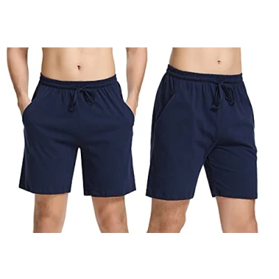 Immagine di Irdcomps Pantaloncini Pigiama da Uomo Cotone Pantaloni Corti Bermuda Casual Pantalone Corto Estivo in Tinta Unita con Coulisse e Tasche Comodo Traspirante 2PCS Blu Scuro XL