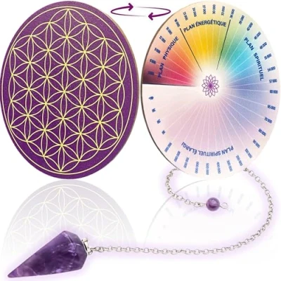 Immagine di Vibratis Pendolo divinatorio in ametista + fiore della vita legno per ricaricare le pietre e i pendoli scala di bovis 11,5 cm 100% Made France