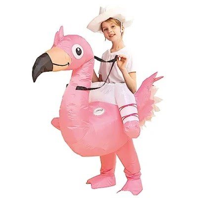 Immagine di AirSuit® Travestimento gonfiabile da fenicottero rosa per bambini Misura 90 a 120 cm Realizzato in poliestere altamente resistente Sistema di gonfiaggio incluso Animale gigante
