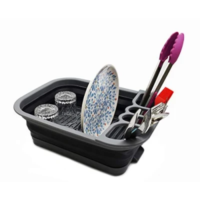 Immagine di SAMMART Scolapiatti Pieghevole con Set Organizer per Stoviglie Portatile Vassoio salvaspazio da Cucina (Grigio/Nero, 1)