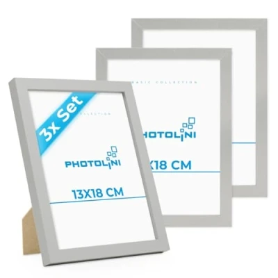 Immagine di PHOTOLINI cornici 13x18 cm argento legno MDF, set di 3 per poster, plexiglass infrangibile, da tavolo o parete, accessori extra inclusi foto, immagini e poster