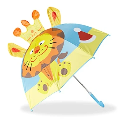Immagine di Relaxdays Ombrello per bambini con leone 3D, parapioggia bastone, bimba &amp; bimbo, a Campana, Unisex, colorato