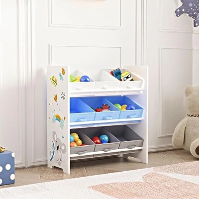 Immagine di [en.casa] Scaffale per Cameretta con 9 Cassetti Pieghevoli Porta Giocattoli Mobile Contenitore a Misura di Bimbi Decorazione Koala Blu/Bianco