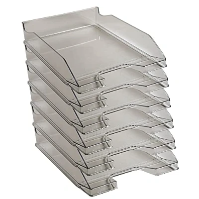 Immagine di Exacompta Cod.113227D Confezione da 6 Vaschette portacorrispondenza Combo Midi per formato A4+ Impilabili Capacità 500 fogli 80 gr Dim. : 34,7 x 25,5 6,5 cm Grigio trasparente glossy