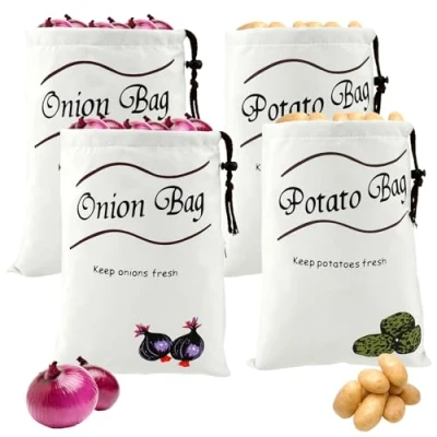 Immagine di Borsa portaoggetti per patate e cipolle con fodera oscurante in cotone coulisse cerniera laterale, 35 x 25 cm, riutilizzabili, conservare verdure fino a 3,6 kg, cipolle, patate, aglio