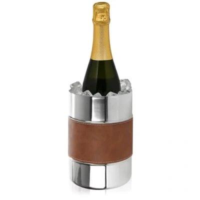 Immagine di COM FOUR® refrigeratore per champagne con fascia in pelle sintetica secchiello refrigerante spumante, vino e ghiaccio bottiglie (argento/marrone piccolo)
