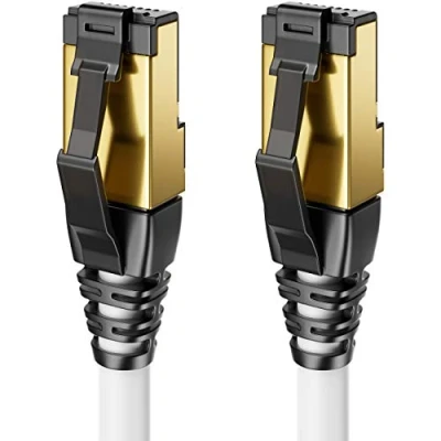 Immagine di deleyCON 0,25m Cavo LAN CAT8.1 Patch di Rete RJ45 DSL Rame Schermatura S/FTP 2000 MHz 40 Gbit Ethernet CAT.8 Spina Placcata Oro Bianco