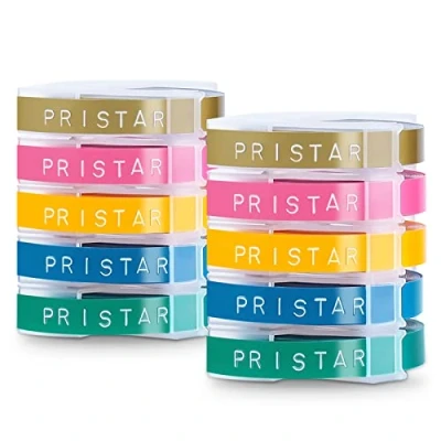 Immagine di Pristar 9mm Sostituzione Nastro per Etichette Compatibile Dymo 3D Autoadesive a Rilievo in Vinile Organizer Xpress Junior Omega S0717930, Bianco su Oro/Giallo/Rosa/Verde Acqua/Blu Mare