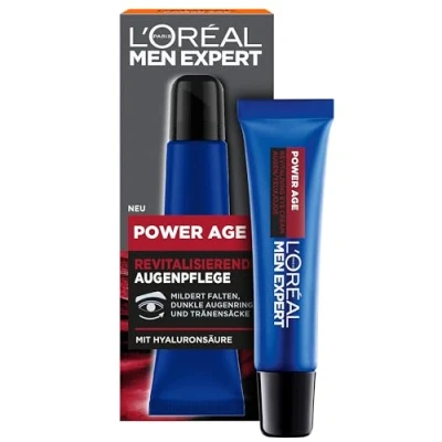 Immagine di L&#039;Oréal Men Expert Crema per gli occhi contro le rughe uomini, anti invecchiamento la pelle stanca e opaca, idratante da uomo con acido ialuronico, Power Age, 1 x 15 ml