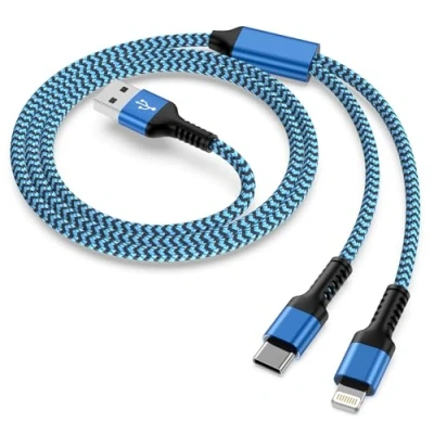 Immagine di Cavo di ricarica multiplo 2 in 1 con porta USB tipo C e Lightning, 1,2 m, nylon intrecciato, per iPhone 15, 14, 13, 12, 11, 8, 7, 6, Android, Samsung Galaxy, Huawei, Google, Sony