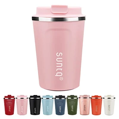 Immagine di SUNTQ tazza per caffè da asporto in acciaio inox, termica isolata a doppia parete, con coperchio prova di perdite, riutilizzabile (colore: rosa, 380 ml)