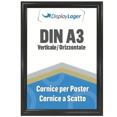 Immagine di DisplayLager Cornice a Scatto da 25 mm, Profilo in Alluminio e Disco di Protezione antiriflesso Materiale Fissaggio (A3, Nero)