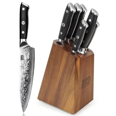Immagine di SHAN ZU Ceppo Coltelli da Cucina Set, Set Chef con Portacoltelli,7 Pezzi in Damasco Ultra Affilati di a 67 Strati Manico G10