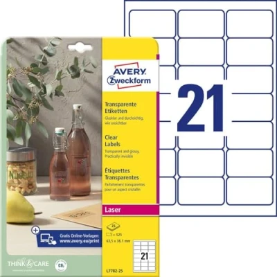 Immagine di Avery Zweckform L7782 25 Etichetta A Pellicola 63.5 x 38.1 mm in poliestere Trasparente 525 pz. tenuta permanente Stampante laser, laser
