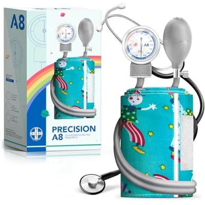 Immagine di AIESI® Sfigmomanometro Manuale Pediatrico professionale aneroide modello classico con stetoscopio piatto per bambini PRECISION A8, Garanzia Italia 24 mesi