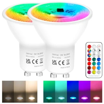Immagine di REYLAX 2pcs Lampadine LED GU10 5W, RGB + Bianco Caldo, Faretti Che Cambiano Colore, 12 Colori 5 Modalità, Attivazione Della Memoria, Regolazione Tramite Telecomando a Infrarossi