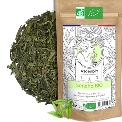 Immagine di Ascenbio Tè verde Sencha bio 180 g di massa preparato e confezionato in Francia imballaggio biodegradabile