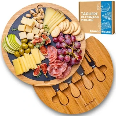 Immagine di BlauKe Tagliere per Formaggi e Set di Coltelli in Legno Aperitivo Formaggio o Salumi Bamboo con Piatto Ardesia Rimovibile Vassoio da Portata Girevole Idee Regalo