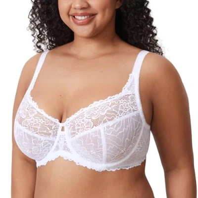 Immagine di DELIMIRA Donna Reggiseno Minimizer in Pizzo Taglie Forti Coppa Completa con Ferretto Senza Imbottito Bianco 4J