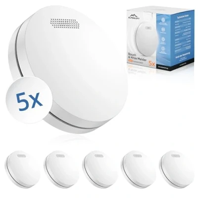 Immagine di ALPENLUFT rivelatore di fumo senza fili collegato in rete, batteria da 10 anni, fumo, Allarme e calore 2in1, antincendio, forare, LED lampeggiante (Set con 5)