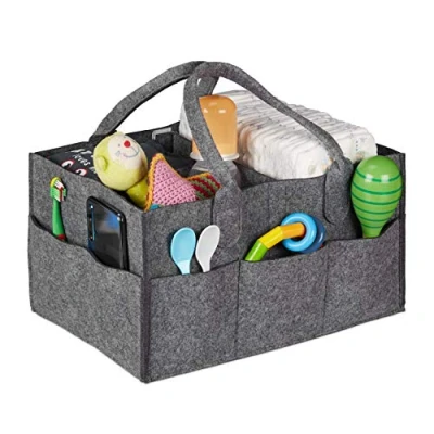 Immagine di Relaxdays Contenitore Portapannolini, Borsa con 11 Scomparti, Divisori Estraibili, Organizer Portatile, Grigio Scuro, 1 pz