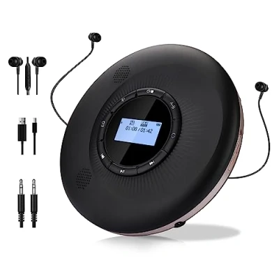 Immagine di lettore CD portatile, ricaricabile integrato da 1500 mAh con Bluetooth e altoparlanti stereo doppi per auto, casa, viaggi, Walkman personale display LCD, retroilluminazione