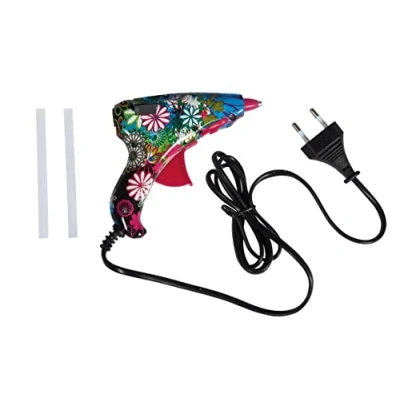 Immagine di Rayher pistola colla a caldo mini con design floreale &quot;Giungla&quot;, 12 x cm, filo e supporto di sostegno, 2 stick inclusi, 30216000