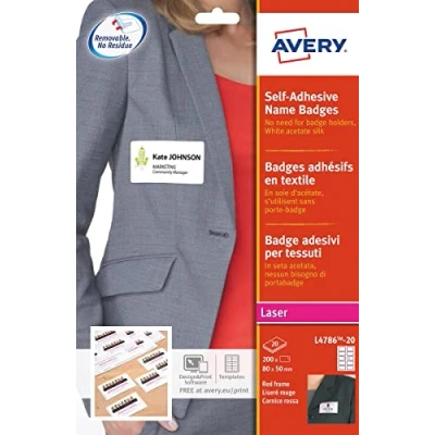 Immagine di AVERY Zweckform L4786 20 Etichette per nome (200 adesivi, 80 x 50 mm su A4, autoadesive, in seta acetata, rimovibili senza lasciare residui), fogli, bianco con bordo rosso
