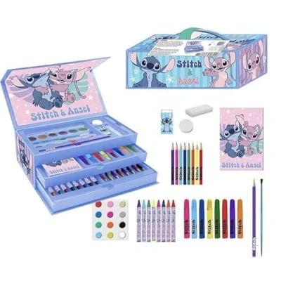 Immagine di Stitch Set di cancelleria colorata Kit scuola completo per bambini con matite colorate, pennarelli e accessori a tema Lilo &amp; disegnare, dipingere imparare, Valigetta